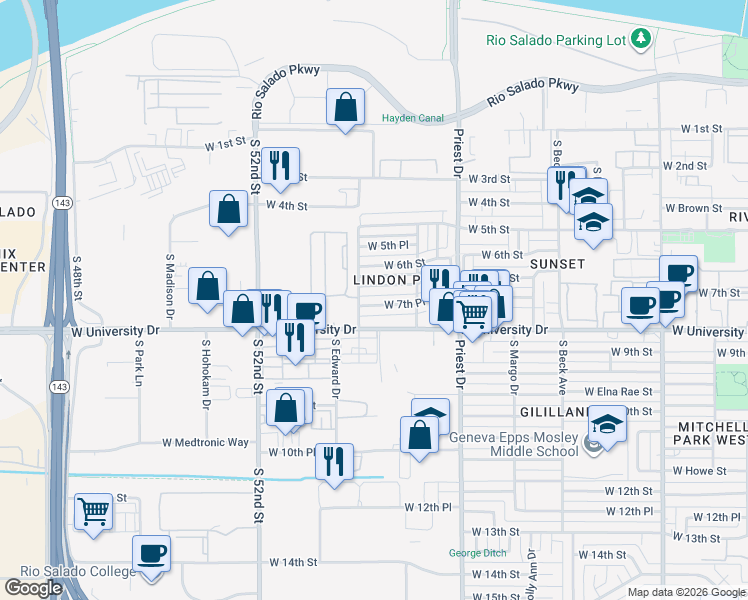 map of restaurants, bars, coffee shops, grocery stores, and more near 1548 West 7th Place in Tempe