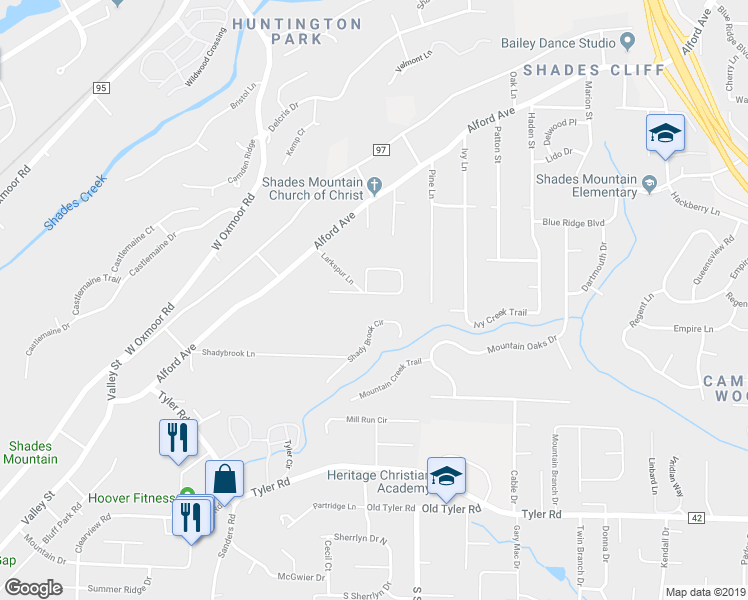 map of restaurants, bars, coffee shops, grocery stores, and more near 2228 Larkspur Drive in Birmingham