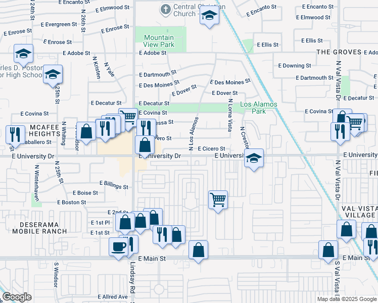 map of restaurants, bars, coffee shops, grocery stores, and more near 3011 East Cicero Street in Mesa