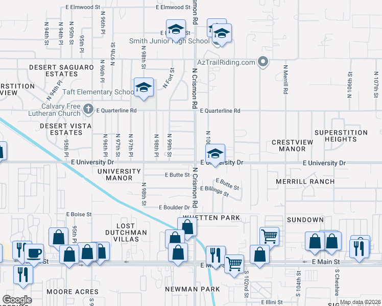 map of restaurants, bars, coffee shops, grocery stores, and more near 409 North Crismon Road in Mesa