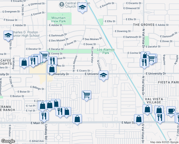 map of restaurants, bars, coffee shops, grocery stores, and more near 3136 East University Drive in Mesa