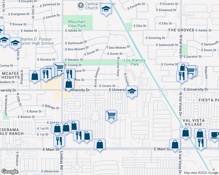 map of restaurants, bars, coffee shops, grocery stores, and more near 3136 East University Drive in Mesa