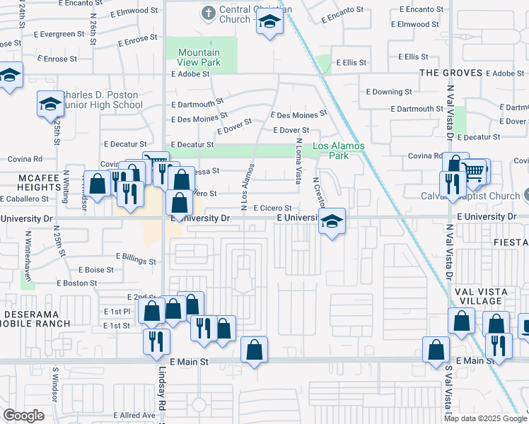 map of restaurants, bars, coffee shops, grocery stores, and more near 3057 East Cicero Street in Mesa