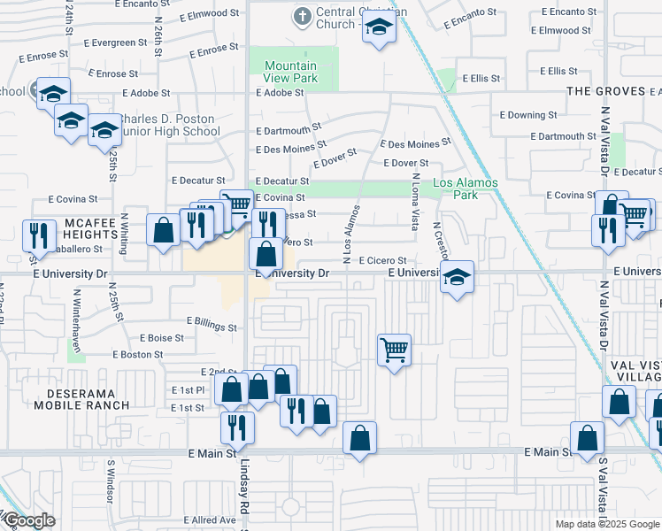 map of restaurants, bars, coffee shops, grocery stores, and more near 3012 East University Drive in Mesa