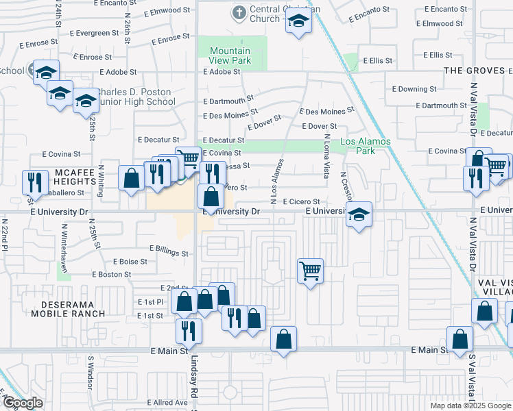 map of restaurants, bars, coffee shops, grocery stores, and more near 3012 East University Drive in Mesa