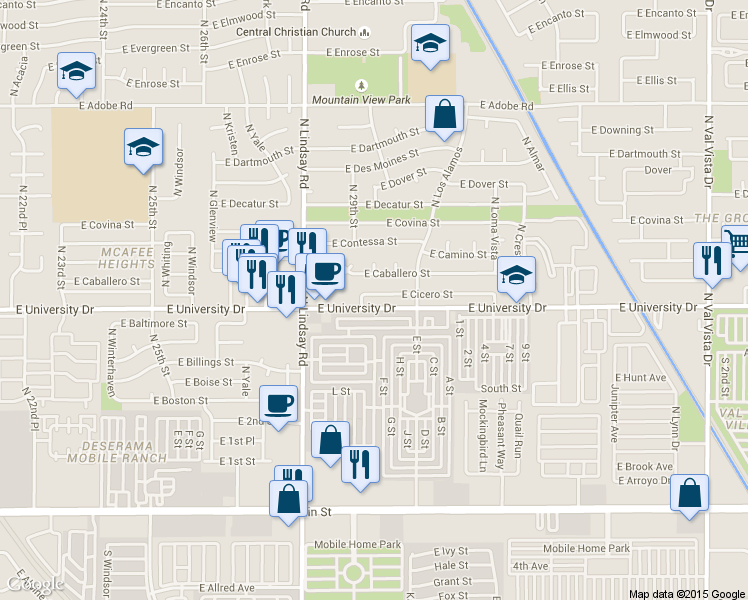 map of restaurants, bars, coffee shops, grocery stores, and more near 2921 East Cicero Street in Mesa
