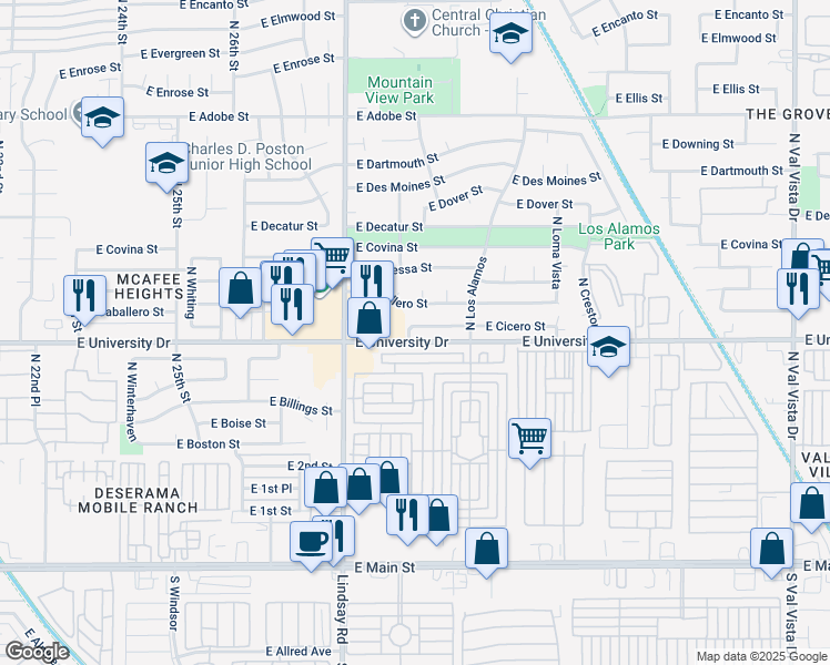 map of restaurants, bars, coffee shops, grocery stores, and more near 2921 East Cicero Street in Mesa