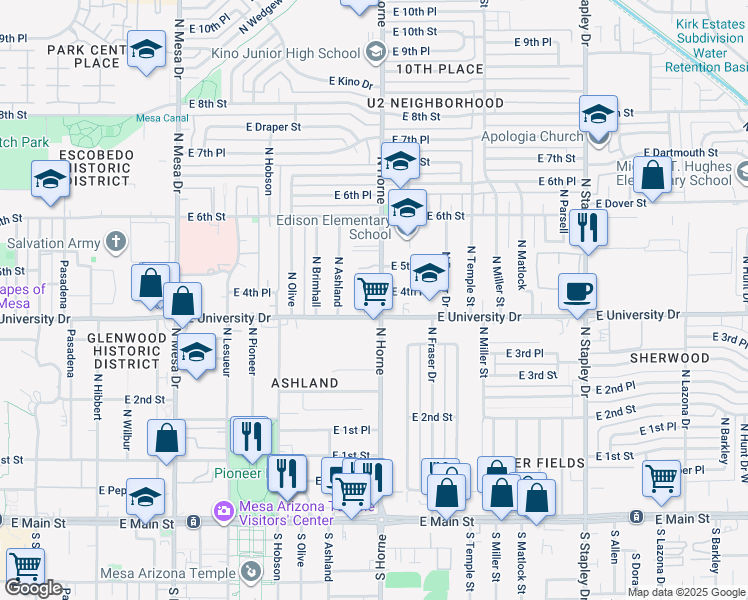 map of restaurants, bars, coffee shops, grocery stores, and more near 416 North Horne in Mesa