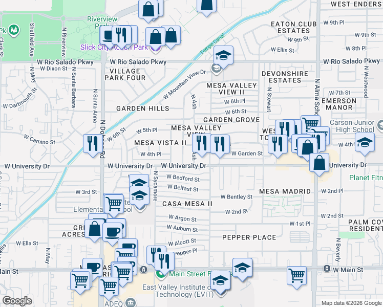 map of restaurants, bars, coffee shops, grocery stores, and more near 432 North Ash in Mesa