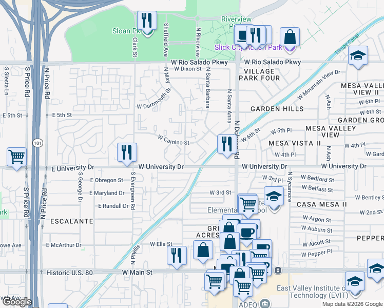 map of restaurants, bars, coffee shops, grocery stores, and more near 2240 West University Drive in Mesa