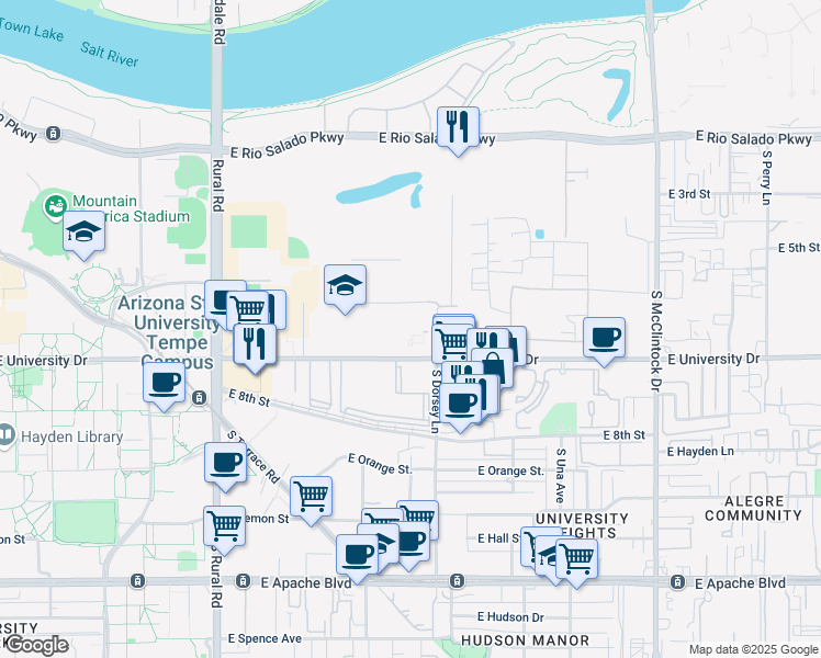 map of restaurants, bars, coffee shops, grocery stores, and more near 1260 East University Drive in Tempe