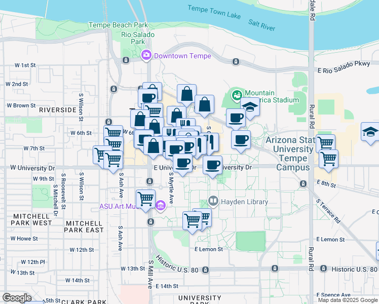 map of restaurants, bars, coffee shops, grocery stores, and more near in Tempe