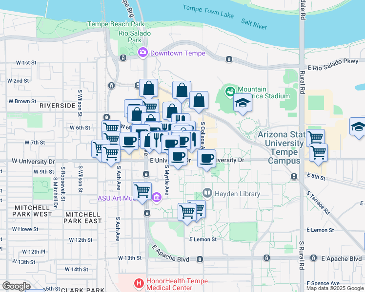 map of restaurants, bars, coffee shops, grocery stores, and more near 113 East 7th Street in Tempe