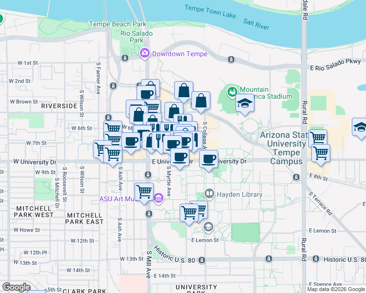 map of restaurants, bars, coffee shops, grocery stores, and more near 113 East 7th Street in Tempe