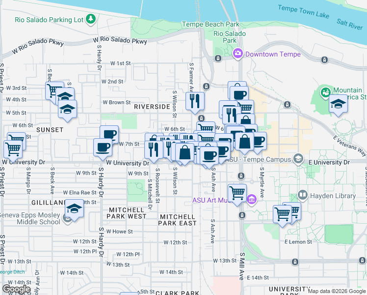 map of restaurants, bars, coffee shops, grocery stores, and more near 407 West 7th Street in Tempe