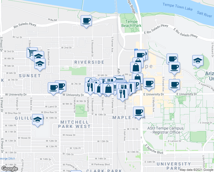 map of restaurants, bars, coffee shops, grocery stores, and more near 407 West 7th Street in Tempe