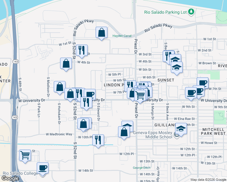 map of restaurants, bars, coffee shops, grocery stores, and more near 1548 West 7th Place in Tempe