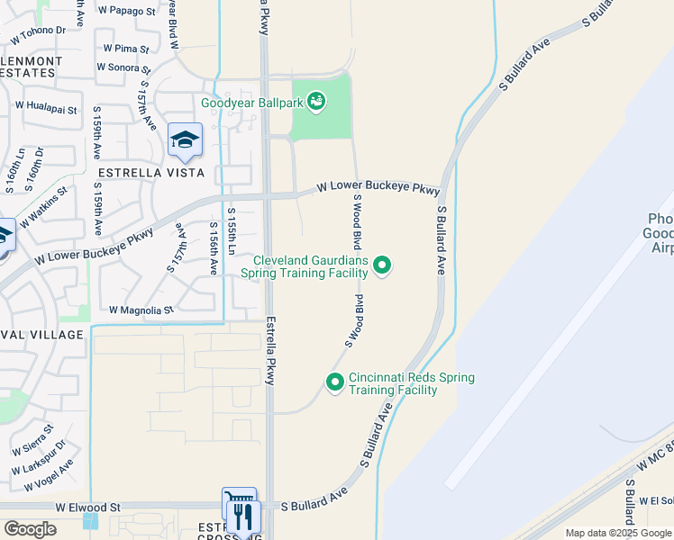 map of restaurants, bars, coffee shops, grocery stores, and more near 2570 South Wood Boulevard in Goodyear