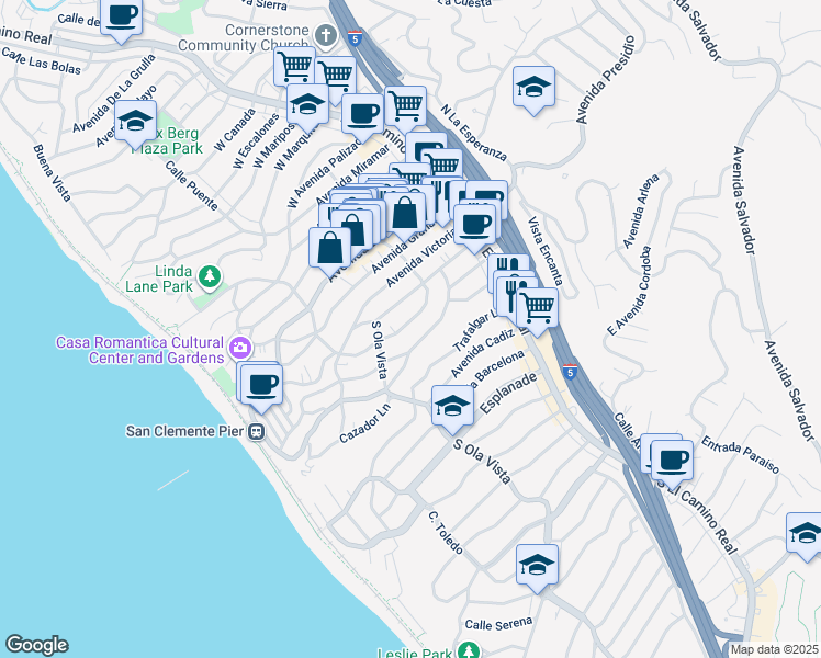 map of restaurants, bars, coffee shops, grocery stores, and more near 231 Avenida Santa Barbara in San Clemente