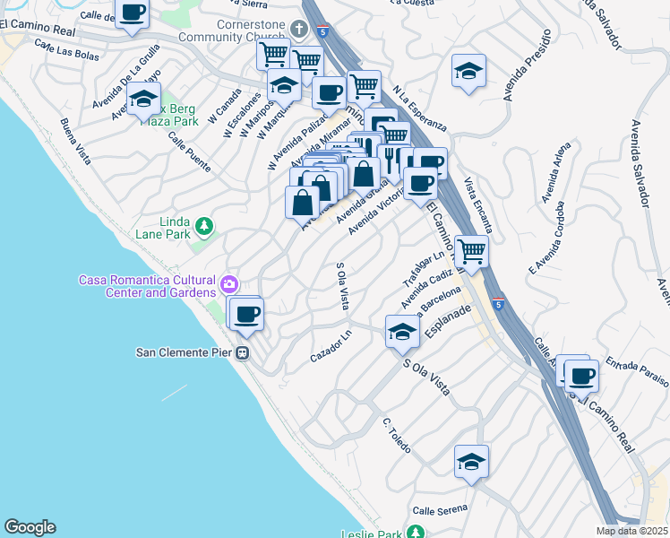 map of restaurants, bars, coffee shops, grocery stores, and more near 401 South Ola Vista in San Clemente