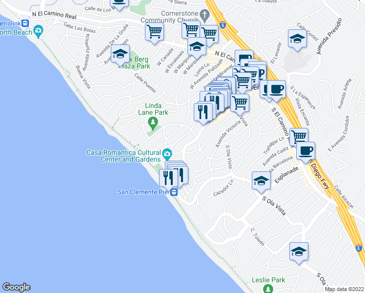 map of restaurants, bars, coffee shops, grocery stores, and more near 327 Avenida Cabrillo in San Clemente