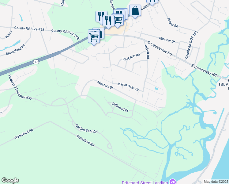 map of restaurants, bars, coffee shops, grocery stores, and more near 406 Masters Drive in Pawleys Island