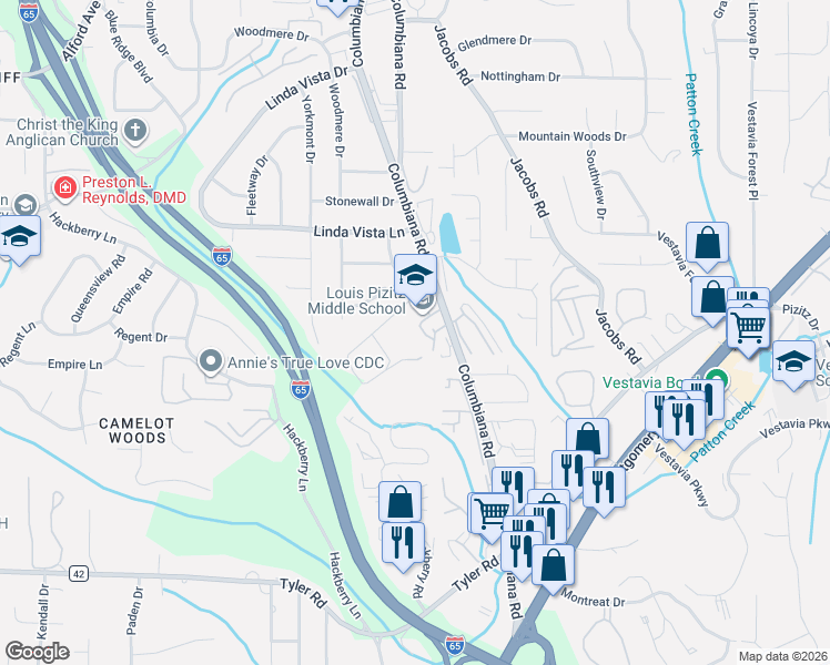 map of restaurants, bars, coffee shops, grocery stores, and more near 2826 Columbiana Road in Vestavia Hills
