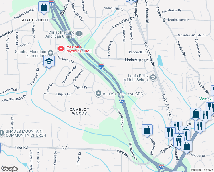 map of restaurants, bars, coffee shops, grocery stores, and more near 1220 Edinborough Lane in Vestavia Hills