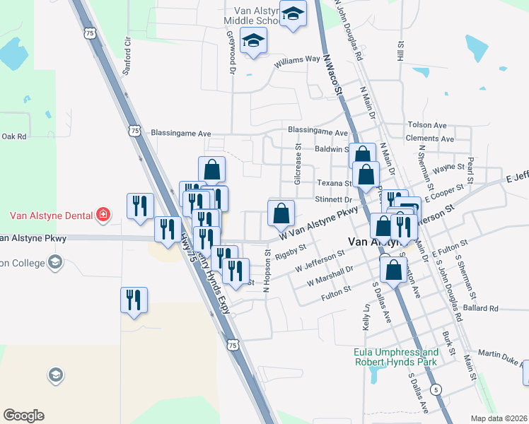 map of restaurants, bars, coffee shops, grocery stores, and more near 364 Nunnalee Avenue in Van Alstyne