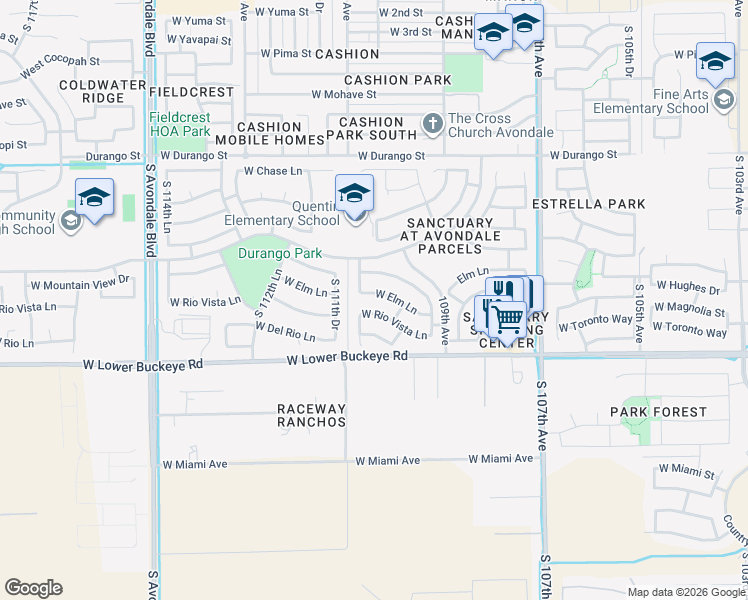 map of restaurants, bars, coffee shops, grocery stores, and more near 11015 West Elm Lane in Avondale