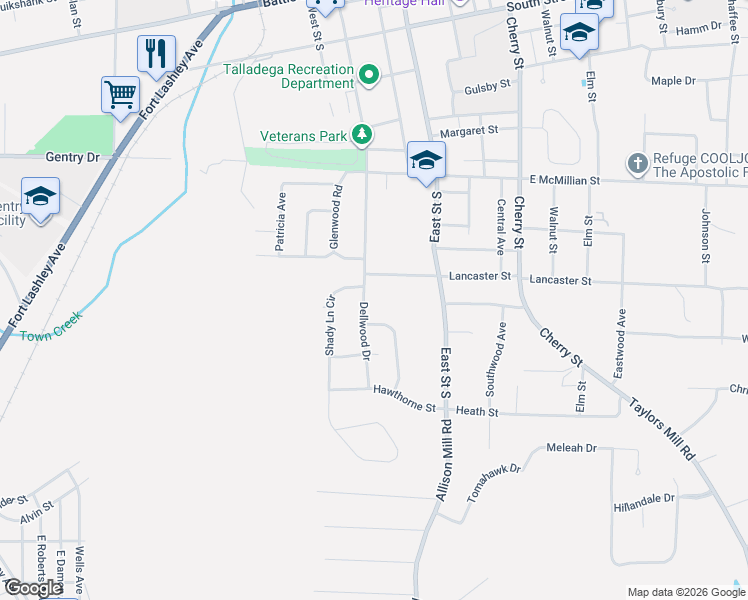 map of restaurants, bars, coffee shops, grocery stores, and more near 1004 Dellwood Drive in Talladega