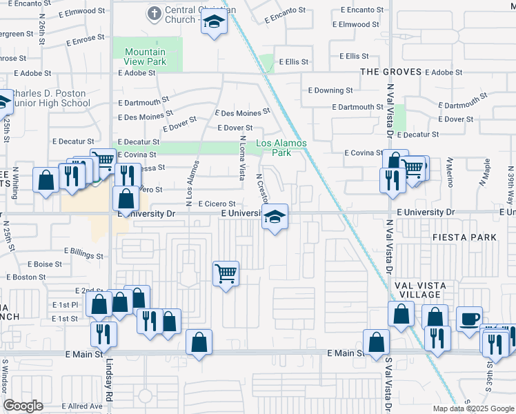 map of restaurants, bars, coffee shops, grocery stores, and more near 404 North Creston in Mesa