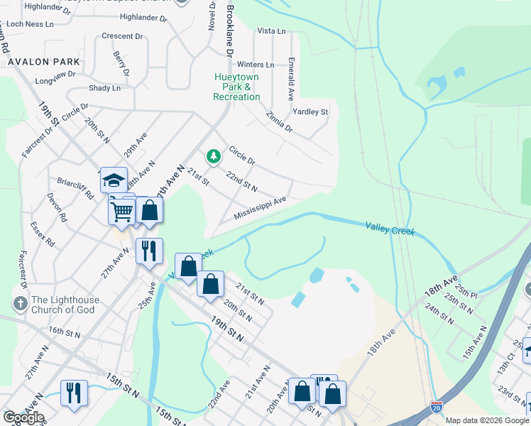 map of restaurants, bars, coffee shops, grocery stores, and more near 2113 Mississippi Avenue in Bessemer