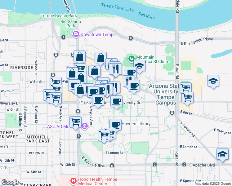 map of restaurants, bars, coffee shops, grocery stores, and more near 777 South College Avenue in Tempe