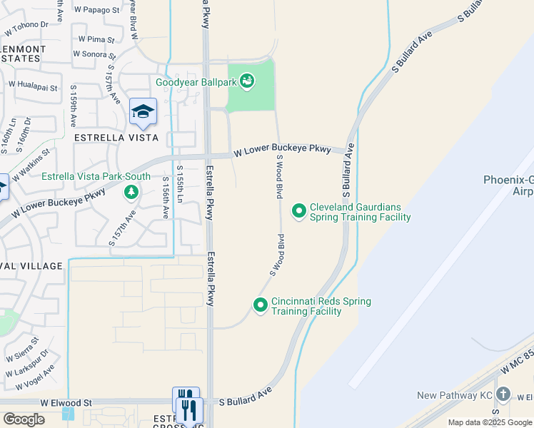 map of restaurants, bars, coffee shops, grocery stores, and more near 2570 South Wood Boulevard in Goodyear