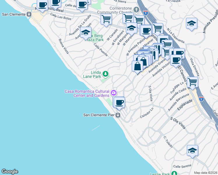 map of restaurants, bars, coffee shops, grocery stores, and more near 409 Arenoso Lane in San Clemente