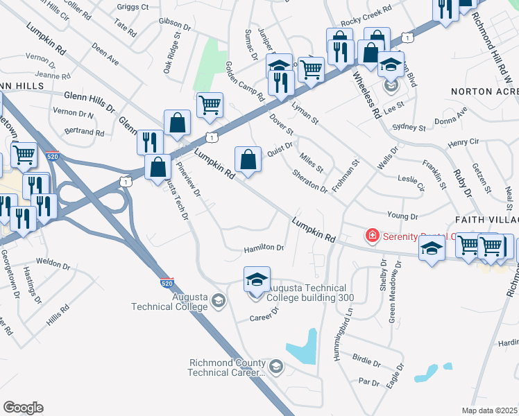 map of restaurants, bars, coffee shops, grocery stores, and more near 2534 Lumpkin Road in Augusta