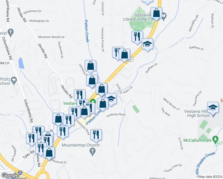 map of restaurants, bars, coffee shops, grocery stores, and more near 1385 Montgomery Highway in Vestavia Hills