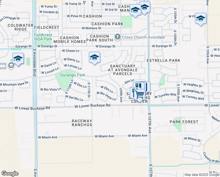 map of restaurants, bars, coffee shops, grocery stores, and more near 10989 West Elm Lane in Avondale