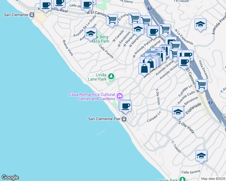 map of restaurants, bars, coffee shops, grocery stores, and more near 409 Arenoso Lane in San Clemente