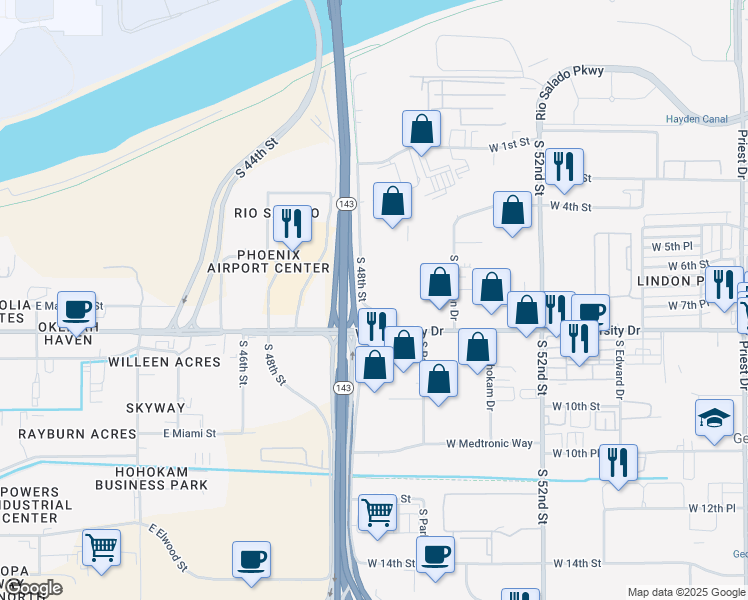 map of restaurants, bars, coffee shops, grocery stores, and more near 637 South 48th Street in Tempe