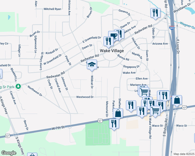 map of restaurants, bars, coffee shops, grocery stores, and more near 3 Jeffrey Circle in Wake Village