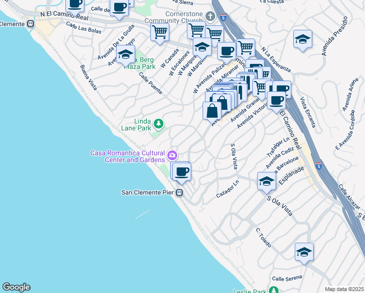 map of restaurants, bars, coffee shops, grocery stores, and more near 327 Avenida Cabrillo in San Clemente