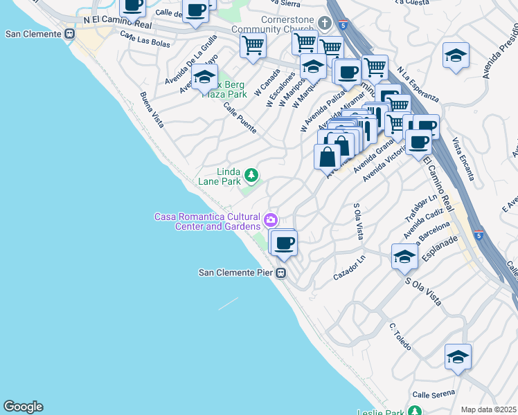 map of restaurants, bars, coffee shops, grocery stores, and more near 409 Arenoso Lane in San Clemente