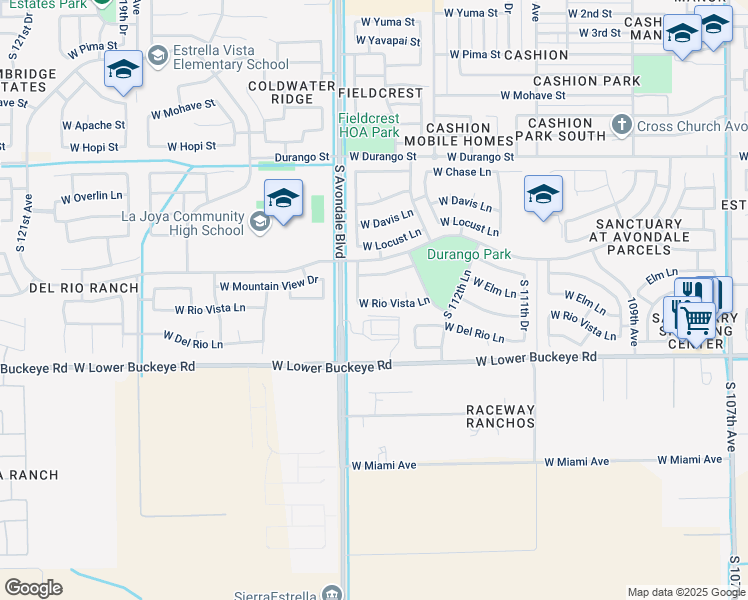map of restaurants, bars, coffee shops, grocery stores, and more near 2540 South 114th Drive in Avondale