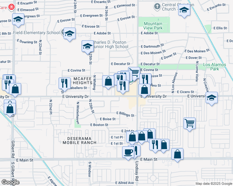 map of restaurants, bars, coffee shops, grocery stores, and more near 2644 East University Drive in Mesa