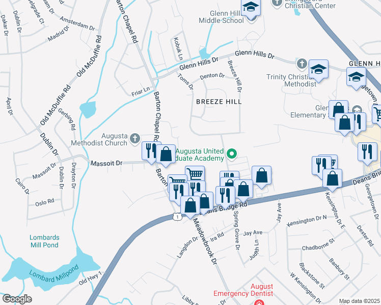 map of restaurants, bars, coffee shops, grocery stores, and more near 2908 Rasha Drive in Augusta
