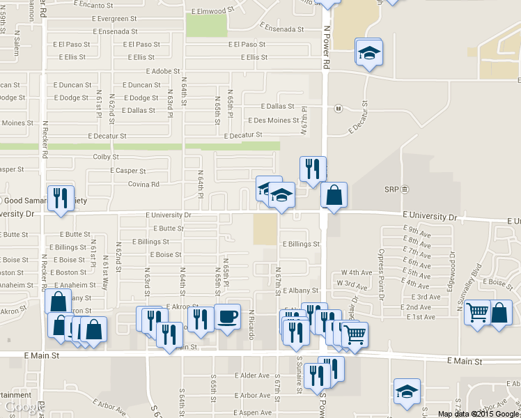map of restaurants, bars, coffee shops, grocery stores, and more near 6610 Silverstone Apartment in Mesa