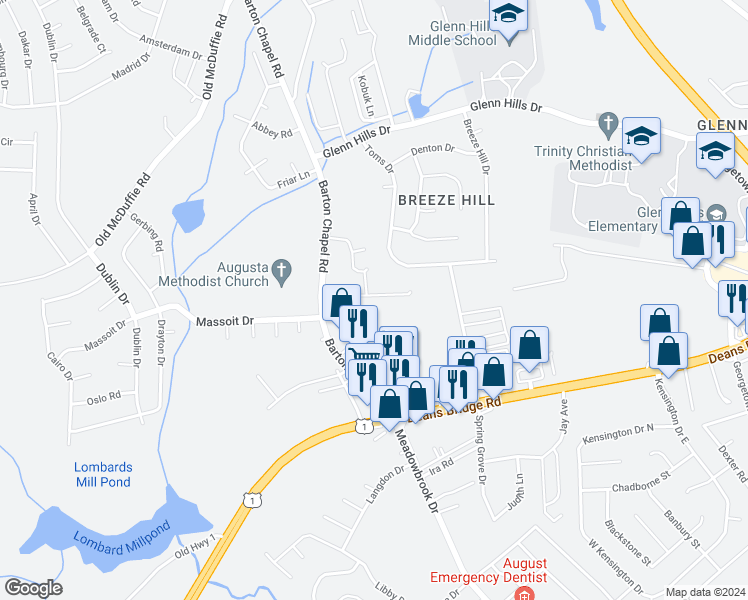 map of restaurants, bars, coffee shops, grocery stores, and more near 2902 Rasha Drive in Augusta