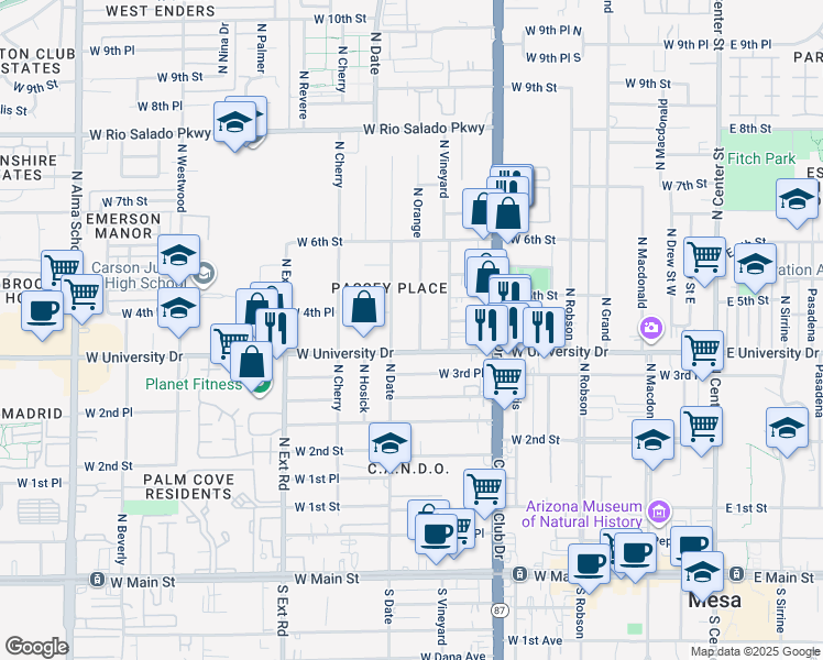 map of restaurants, bars, coffee shops, grocery stores, and more near 420 North Orange in Mesa